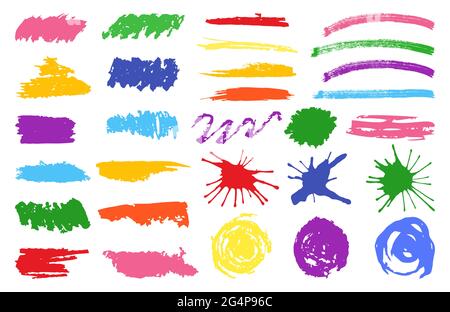 Mehrfarbige helle Flecken, Flecken, Streifen, Linien, Pinselstriche zum Dekorieren und Dekorieren von Kinderbüchern und Malblättern. Vektor handgefertigter Stil. Geeignet für Preisschilder und Text. Für Karten. Stock Vektor