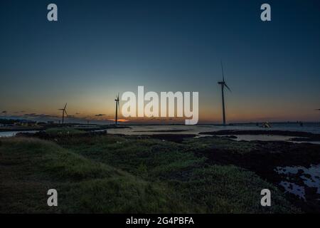 Windturbinen auf der Insel Jeju in Südkorea - 17. August 2019 Stockfoto