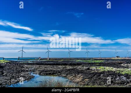 Windturbinen auf der Insel Jeju in Südkorea - 17. August 2019 Stockfoto