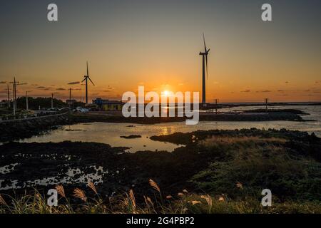 Windturbinen auf der Insel Jeju in Südkorea - 17. August 2019 Stockfoto