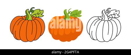 Kürbis flache Cartoon-Set-Linie Symbol, schwarz Doodle-Stil. Reife ganze Kürbisse. Halloween oder Thanksgiving Day Symbol Ernte Sammlung. Comic Landwirtschaft handgezeichnete Gemüse Symbol Vektor Stock Vektor