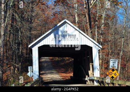 Parke County, Indiana, USA. Die Zacke Cox Bridge über Rock Run Creek in der Nähe von Catlin, Indiana. Stockfoto