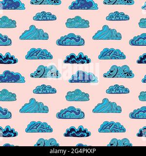 Nahtloses Muster mit kunstvoll verzierten Mandala-Wolken. Handgezeichnete Vektorgrafik. Stock Vektor