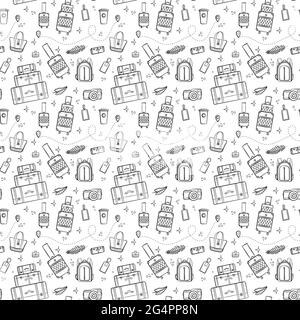 Nahtloses Reise- und Urlaubsmuster mit Reiseelementen. Nahtlose Muster für Design, Poster, Hintergründe Urlaub und Reise Thema. Koffer, Tasche Stock Vektor