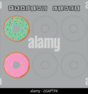 Entwicklung einer Aktivität für Kinder, die Verfolgung der Linien von Früchten bunte Donuts. Logikspiel für Kinder. Stock Vektor