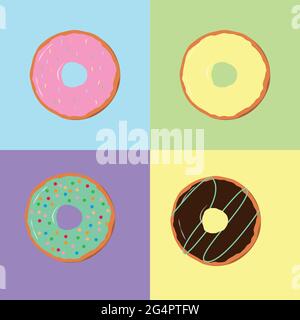 Satz von vektoriellen mehrfarbigen Donuts auf einem isolierten Hintergrund. Donuts Kollektion. Süße Donuts mit Zuckerguss und Streuseln. Stock Vektor