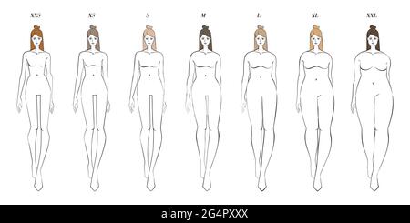 Frauen Figuren in verschiedenen Kleidergrößen. Von XXS bis XXL. Vektor-Set von handgezeichneten Vorlagen für Modezeichnungen. Walking Girls Models Stock Vektor