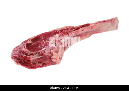 Rohes Rind-Cowboy-Steak, Knochen in Rippensteak isoliert auf weißem Hintergrund Stockfoto