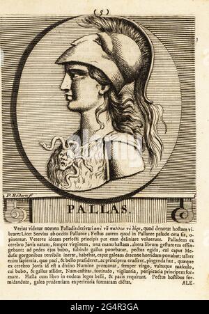 Athene oder Athene, oft mit dem Beinamen Pallas, einer antiken griechischen Göttin, die mit Weisheit, Handwerk und Kriegsführung assoziiert wird. Sie trägt einen Helm, eine Robe aus Tierhaut und eine Brosche mit Medusa-Kopf und Schlangenhaar. Römische Göttin Minerva. Kupferstich von Pieter Bodart (1676-1712) aus Henricus Spoor’s Deorum et Heroum, Virorum et Mulierum Illustrium Imagines Antiquae Illustatae, Gods and Heroes, Men and Women, Illustrated with Antique Images, Petrum, Amsterdam, 1715. Erstmals veröffentlicht als Favissæ utriusque antiquitatis Tam Romanæ quam Græcæ im Jahr 1707. Henricus Spoor war ein niederländischer Arzt, classica Stockfoto