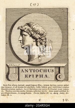 Antiochus IV Epiphanes (genannt Epimanes, die Mad One), c. 215-164 v. Chr., hellenistischer König des seukidischen Reiches. Bekannt für seine Verfolgung der Juden in Judäa und Samaria. Antiochus Epipha. Kupferstich von Pieter Bodart (1676-1712) aus Henricus Spoor’s Deorum et Heroum, Virorum et Mulierum Illustrium Imagines Antiquae Illustatae, Gods and Heroes, Men and Women, Illustrated with Antique Images, Petrum, Amsterdam, 1715. Erstmals veröffentlicht als Favissæ utriusque antiquitatis Tam Romanæ quam Græcæ im Jahr 1707. Henricus Spoor war ein niederländischer Arzt, klassischer Gelehrter, Dichter und Schriftsteller, fl. 1694-1716. Stockfoto