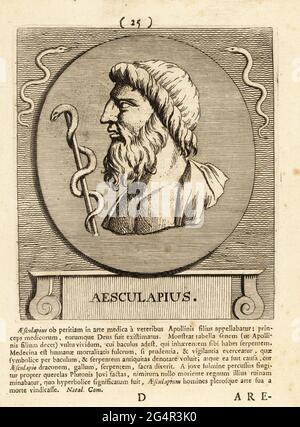 Asclepius oder Hepius, Held und gott der Medizin in der antiken griechischen Religion und Mythologie. Mit schlange umschlungen Stab und Schlangen. Kupferstich von Pieter Bodart (1676-1712) aus Henricus Spoor’s Deorum et Heroum, Virorum et Mulierum Illustrium Imagines Antiquae Illustatae, Gods and Heroes, Men and Women, Illustrated with Antique Images, Petrum, Amsterdam, 1715. Erstmals veröffentlicht als Favissæ utriusque antiquitatis Tam Romanæ quam Græcæ im Jahr 1707. Henricus Spoor war ein niederländischer Arzt, klassischer Gelehrter, Dichter und Schriftsteller, fl. 1694-1716. Stockfoto