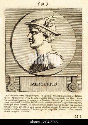 Merkur, römischer gott des finanziellen Gewinns, des Handels, der Beredsamkeit, der Botschaften, der Kommunikation, Glück, Betrug und Diebe. In geflügeltem Hut oder Petasos. Hermes auf griechisch. Mercurius. Kupferstich von Pieter Bodart (1676-1712) aus Henricus Spoor’s Deorum et Heroum, Virorum et Mulierum Illustrium Imagines Antiquae Illustatae, Gods and Heroes, Men and Women, Illustrated with Antique Images, Petrum, Amsterdam, 1715. Erstmals veröffentlicht als Favissæ utriusque antiquitatis Tam Romanæ quam Græcæ im Jahr 1707. Henricus Spoor war ein niederländischer Arzt, klassischer Gelehrter, Dichter und Schriftsteller, fl. 1694-1716. Stockfoto