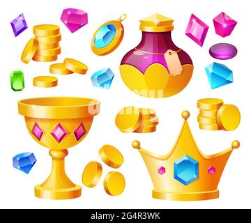 Schatz, magische Gegenstände Goldmünzen, Kristallsteine, Krone, Goldkelch mit Tränenflasche, kostbare Steine und Schmuck, ui-Spielvermögen, Piratenplünderungen isoliert auf weißem Hintergrund, Cartoon-Vektor-Set Stock Vektor