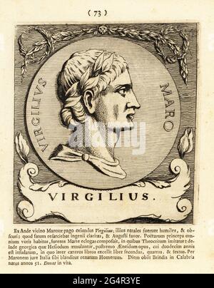 Publius Vergilius Maro, lateinischer Dichter im Lorbeerkranz. Virgil oder Vergil, 70 v. Chr. - 19 v. Chr., altrömischer Dichter der Augustinerzeit, Autor der Eclogues, der Georgiker und des Epos Aeneid. Kupferstich von Pieter Bodart (1676-1712) aus Henricus Spoor’s Deorum et Heroum, Virorum et Mulierum Illustrium Imagines Antiquae Illustatae, Gods and Heroes, Men and Women, Illustrated with Antique Images, Petrum, Amsterdam, 1715. Erstmals veröffentlicht als Favissæ utriusque antiquitatis Tam Romanæ quam Græcæ im Jahr 1707. Henricus Spoor war ein niederländischer Arzt, klassischer Gelehrter, Dichter und Schriftsteller, fl. 1694-1716. Stockfoto