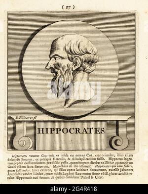 Hippokrates von Kos, c. 460 – c. 370 v. Chr., Hippokrates II., griechischer Arzt des Zeitalters der Perikel, der Vater der Medizin. Kupferstich von Pieter Bodart (1676-1712) aus Henricus Spoor’s Deorum et Heroum, Virorum et Mulierum Illustrium Imagines Antiquae Illustatae, Gods and Heroes, Men and Women, Illustrated with Antique Images, Petrum, Amsterdam, 1715. Erstmals veröffentlicht als Favissæ utriusque antiquitatis Tam Romanæ quam Græcæ im Jahr 1707. Henricus Spoor war ein niederländischer Arzt, klassischer Gelehrter, Dichter und Schriftsteller, fl. 1694-1716. Stockfoto