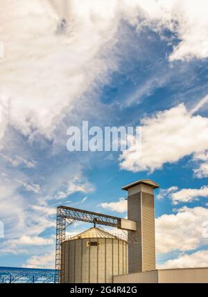 Die komplexen landwirtschaftlichen Siloanlagen für die Lagerung von Getreide auf blauem Himmel Hintergrund. Getreideverarbeitungskomplex zur groben Reinigung Stockfoto