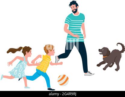 Glücklicher Vater spielt mit Kindern und Hund - Vektor-Illustration isoliert auf weißem Hintergrund Stock Vektor