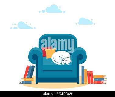 Niedliche weiße Katze auf einem blauen Sessel liegend. Konzept der Erholung und Lesen. Um den Sessel herum gibt es Bücher. Vektorgrafik im flachen Stil. Stock Vektor