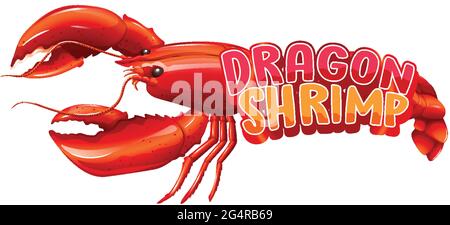 Hummer Zeichentrickfigur mit Dragon Shrimp Schrift Banner isoliert Illustration Stock Vektor