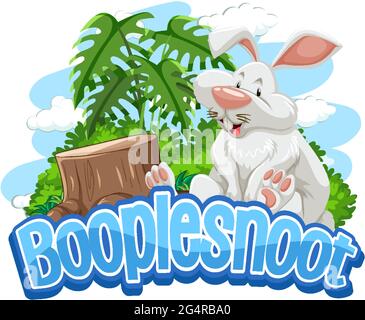 Weiße Kaninchen Cartoon-Figur mit Booplesnoot Schrift Banner isoliert Illustration Stock Vektor