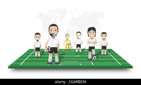Fußballspieler-Team stehen auf Perspektive Fußballfeld . Gepunktete Weltkarte auf weißem, isoliertem Hintergrund. Sportler Zeichentrickfigur . 3D-Vektordesi Stock Vektor