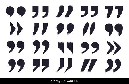 Zitat-Symbol. Zitate markieren Symbole, doppelte Komma-Satzzeichen. Zitatzeichen schwarzes Silhouettensymbol, Zitationssymbol-Vektor-Set. Auf Weiß isolierte typografische Formen für Anmerkungen oder Mitteilungen Stock Vektor
