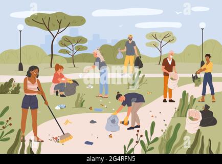 Menschen sammeln Müll im Stadtpark. Männer und Frauen Freiwillige Reinigung Park zusammen von Müll und Plastikmüll flache Vektor-Illustration. AktivistInnen sammeln Müll in Taschen Stock Vektor