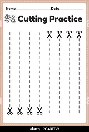 Schneidepraxis für Kindergarten und Vorschule für Kinder, das Papier mit einer Schere zu schneiden, um die motorischen Fähigkeiten zu verbessern, Koordination und entwickeln kleine Muskeln Stock Vektor
