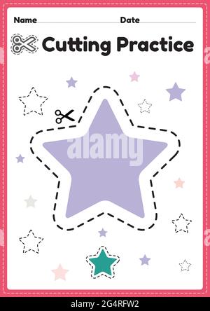 Schneideaktivitäten für Kindergarten- und Vorschulkinder, um das Papier mit einer Schere zu schneiden, um die motorischen Fähigkeiten zu verbessern, die Koordination zu verbessern und kleine Muskeln zu entwickeln Stock Vektor