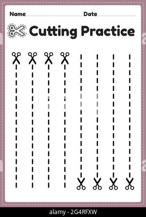 Scheren Fähigkeiten druckbar für Kinder im Vorschulalter und Kindergarten zum Schneiden des Papiers, um die motorischen Fähigkeiten zu verbessern, Koordination und entwickeln kleine Muskeln Stock Vektor