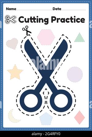 Scherenübung für Kinder im Vorschulalter und Kindergarten zum Schneiden des Papiers, um die motorischen Fähigkeiten, die Koordination zu verbessern und kleine Muskeln für Kinder zu entwickeln Stock Vektor