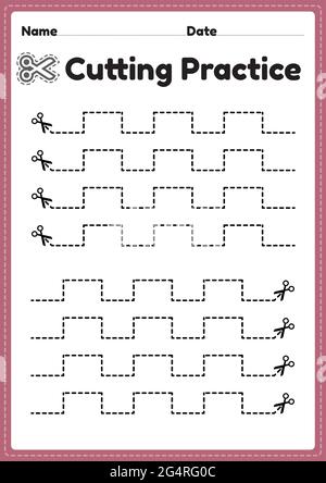 Schneideaktivität druckbar für Kinder im Vorschulalter und Kindergarten, um das Papier mit einer Schere zu schneiden, um die motorischen Fähigkeiten zu verbessern, Koordination und entwickeln klein Stock Vektor