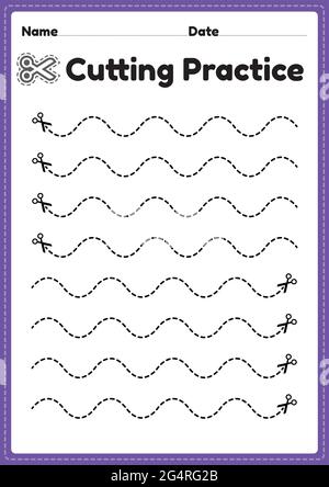 Scheren Aktivitäten für Kleinkinder Kinder, um das Papier zu schneiden, um die motorischen Fähigkeiten zu verbessern, Koordination und entwickeln kleine Muskeln für Vorschule und Kindergarten Stock Vektor