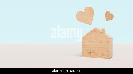 Holzhaus mit Herzen schweben auf der Oberseite mit verschwommenem Hintergrund. 3d-Rendering Stockfoto