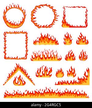 Cartoon-Feuerrahmen. Rot glühender Kreis und rechteckige Rahmen. Horizontale Flammengrenze, Lagerfeuer, lodernde Feuerlinie Effektvektor gesetzt. Geometrisch entzündliche Formen als Kreisdreieck Stock Vektor