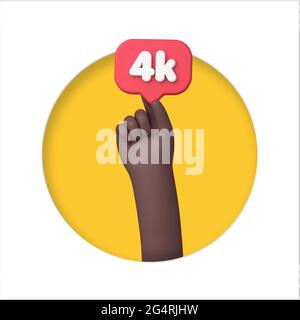 Hand mit einem 4k Social Media Follower Banner. 3D-Rendering Stockfoto
