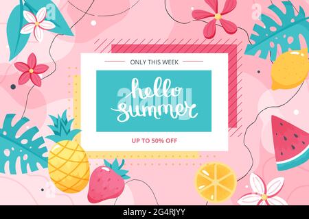 Hallo Sommer Banner mit Früchten, Blättern und Blumen. Niedliche handgezeichnete Vektorgrafik mit Schriftzug, Bannervorlage Stock Vektor