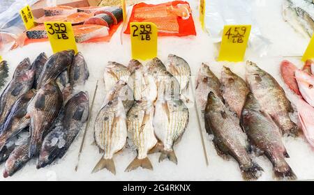 Frischer Fisch mit Preisen auf Eis im New Yorker Chinatown Shop, selektiver Fokus. Stockfoto
