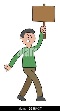 Cartoon wütend Protestler Mann hält Holzschild und zu Fuß, Vektor-Illustration. Farbige und schwarze Umrisse. Stock Vektor