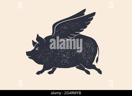 Angel Piggy, Schwein mit Flügeln. Vintage Retro-Print, schwarz-weiße Fliege Schwein Zeichnung mit Flügeln, grunge Old School Stil. Isolierte schwarze Silhouette Engel Schwein auf weißem Hintergrund. Vektorgrafik Stock Vektor