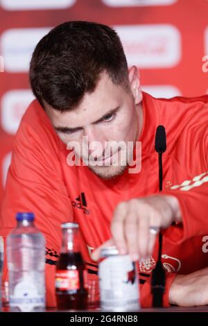 Der belgische Thomas Meunier im Bild bei einer Pressekonferenz der belgischen Fußballnationalmannschaft Red Devils am Mittwoch, den 23. Juni 2021 in Tubize. Das Team p Stockfoto