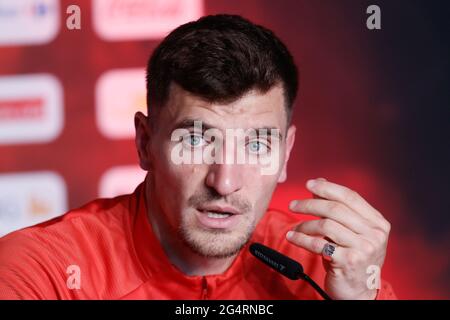 Der belgische Thomas Meunier im Bild bei einer Pressekonferenz der belgischen Fußballnationalmannschaft Red Devils am Mittwoch, den 23. Juni 2021 in Tubize. Das Team p Stockfoto