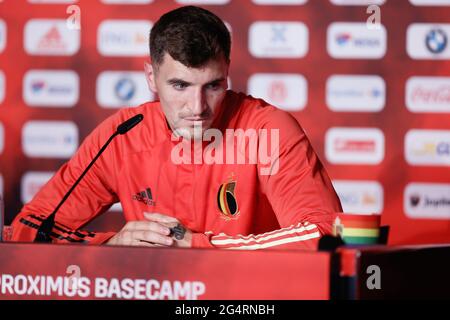 Der belgische Thomas Meunier im Bild bei einer Pressekonferenz der belgischen Fußballnationalmannschaft Red Devils am Mittwoch, den 23. Juni 2021 in Tubize. Das Team p Stockfoto