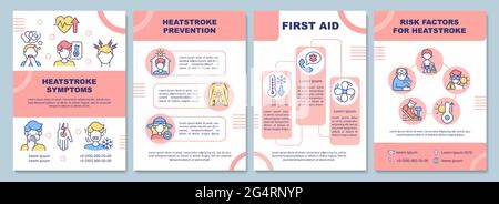 Broschürenvorlage für Hitzschlag-Symptome. Erste Hilfe. Risikofaktoren. Flyer, Broschüre, Broschürendruck, Deckblatt-Design mit linearen Symbolen. Vektorlayouts für Druck Stock Vektor
