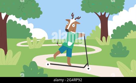 Cute Hirsch wild Tier fahren Roller im Sommer grünen Park Vektor-Illustration. Cartoon glücklich Rentier Charakter in Hemd und Shorts, lustige Hirsche Scootering auf der Straße, Spaß Reiten Roller Hintergrund Stock Vektor