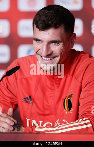 Der belgische Thomas Meunier im Bild bei einer Pressekonferenz der belgischen Fußballnationalmannschaft Red Devils am Mittwoch, den 23. Juni 2021 in Tubize. Das Team p Stockfoto