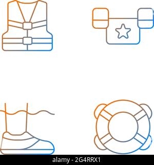Lineare Vektor-Symbole für Gradientengradienten von Schwimmbadanlagen eingestellt. Schwimmweste. Pfütze-Pullover. Wasserschuhe. Ringboje. Dünne Linien Kontursymbole bündeln. Isolierter Vektor Stock Vektor