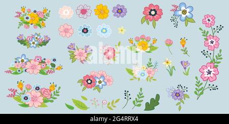 Set aus Blumen, Blättern und Blumensträußen. Niedliche Vektor-Elemente in flachen Cartoon Kinder-Stil. Farbenfrohe, isolierte Illustration. Für Design, Poster, Textil, Stock Vektor