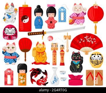 Cartoon japanische Symbole. Orientalisches traditionelles Spielzeug, maneki neko, omamori, daruma und kokeshi Puppen Vektor-Illustration-Set. Nette japanische Kultur Stock Vektor