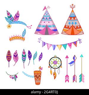 Set aus niedlichen Tribal-Elementen im Cartoon-Stil. Federn, Fahnen, Traumfänger und Tipi. Niedliche Vektor-Elemente in flachen Cartoon Kinder-Stil. Für Desi Stock Vektor